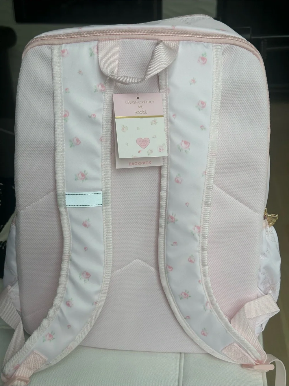 LoveShackFancy Pale Pink Quilted Floral Kids Backpack with Bow Charm